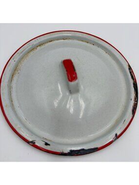 Vintage Enamelware Metal Lid Red Rim 8" Diameter Rustic Farmhouse Style Lid Only